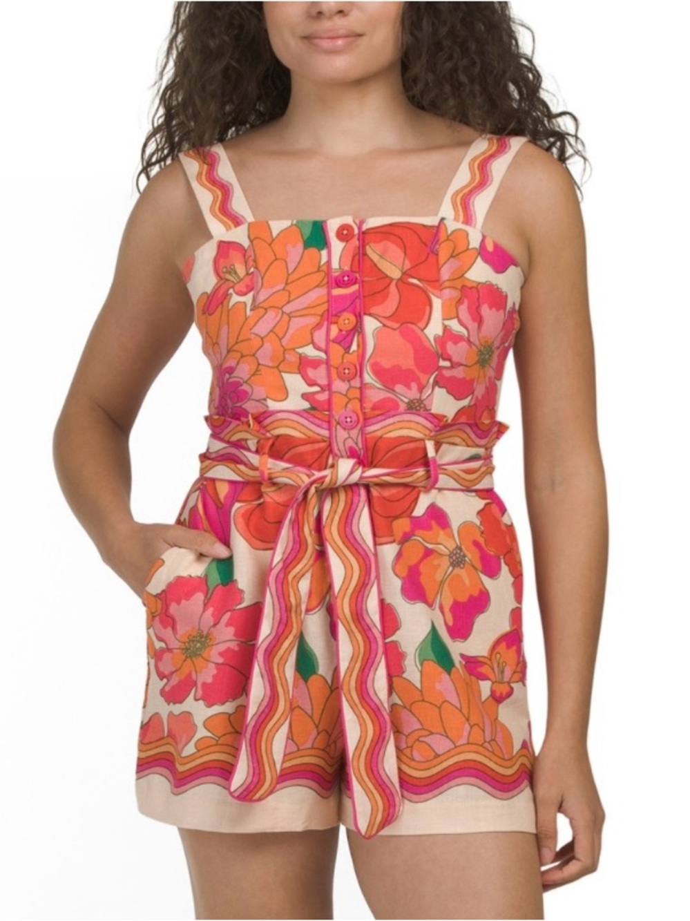 House of Harlow 1960 Belted Printed Linen Blend Playsuit Romper (Farm Rio) S